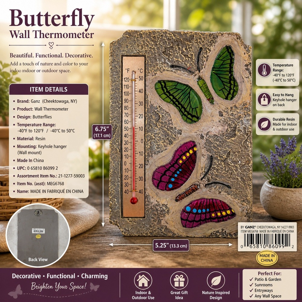 Ganz Butterfly Wall Thermometer‎ Indoor Outdoor Resin Stone Finish Decor EG8768